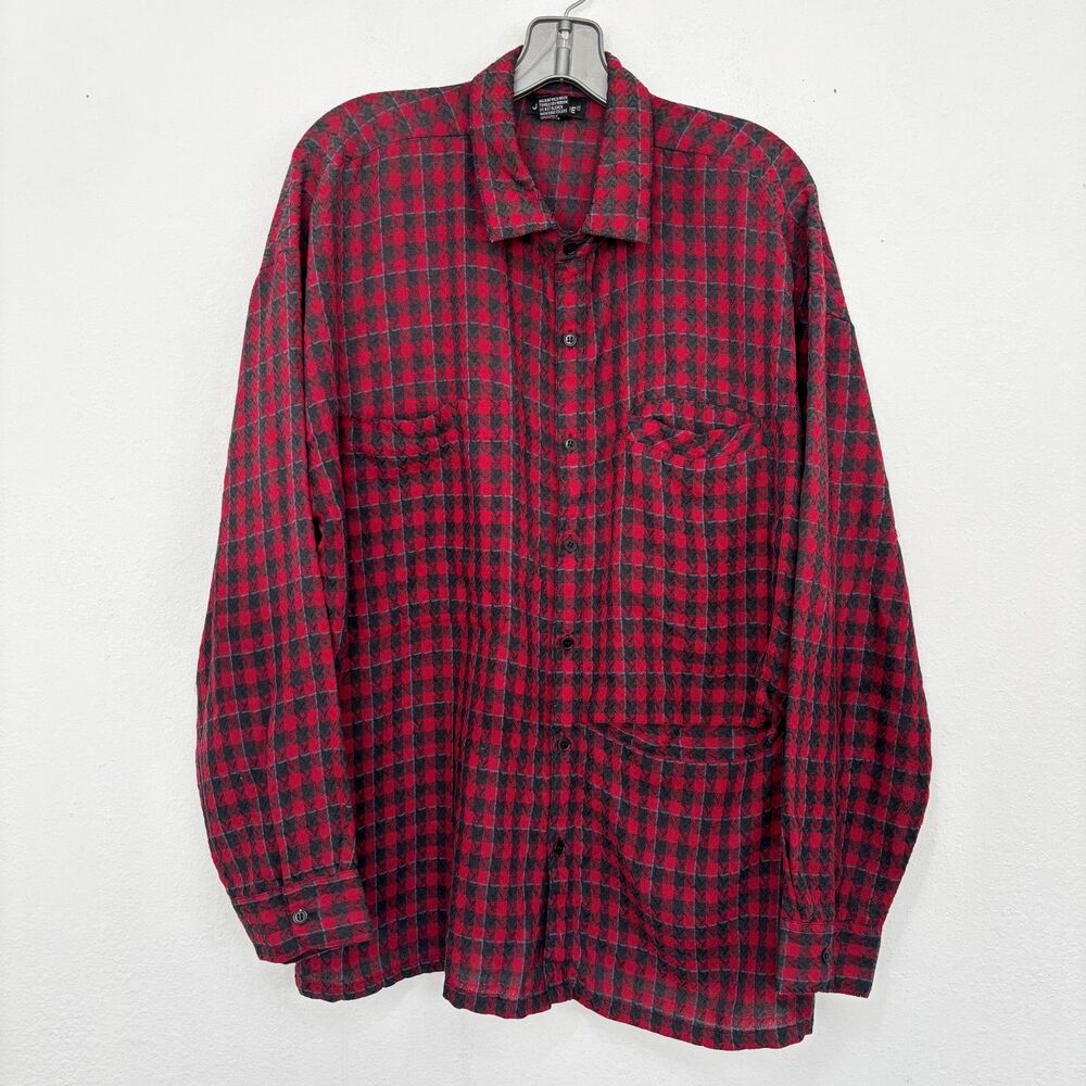 Jordache Mens Vintage Red Check Button Up XL Gorpcore Outdoorsy Cabin Preppy